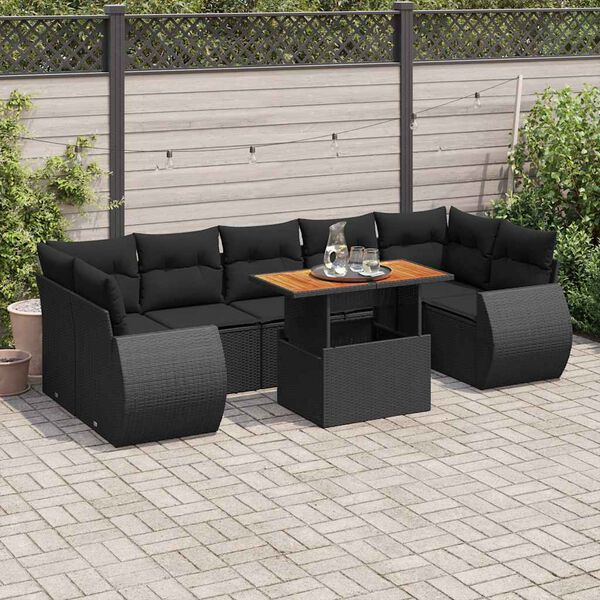 vidaXL 8-delige Loungeset met kussens poly rattan zwart