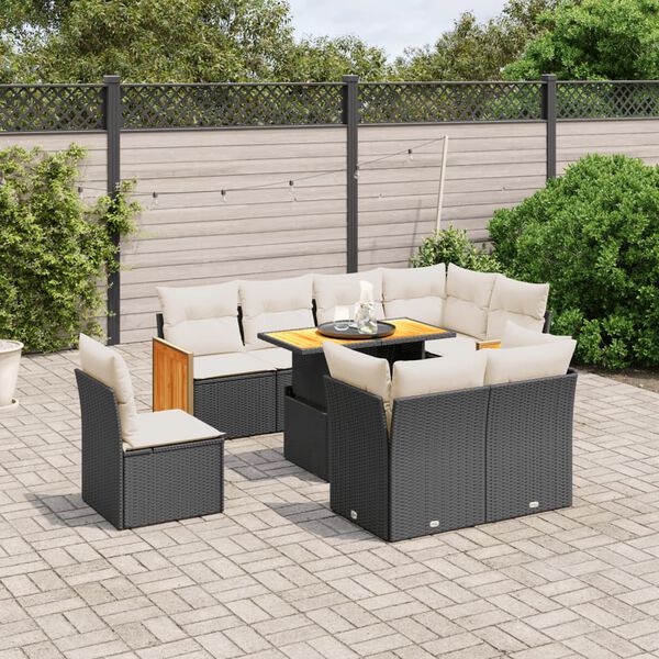 vidaXL 9-delige Loungeset met kussens poly rattan zwart