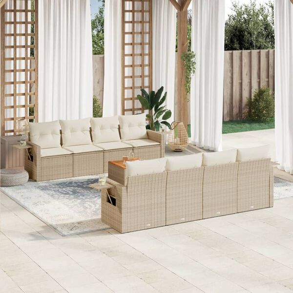 vidaXL 9-delige Loungeset met kussens poly rattan beige