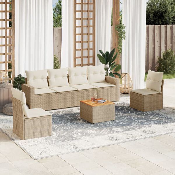 vidaXL 7-delige Loungeset met kussens poly rattan beige