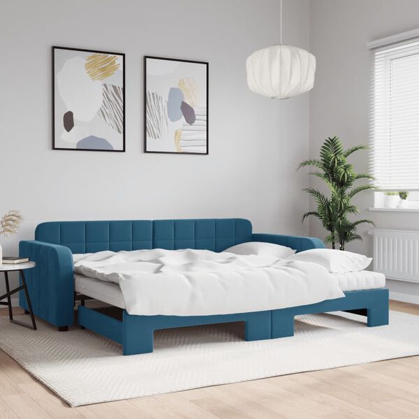 vidaXL Slaapbank onderschuifbed en matrassen 90x200 cm fluweel blauw