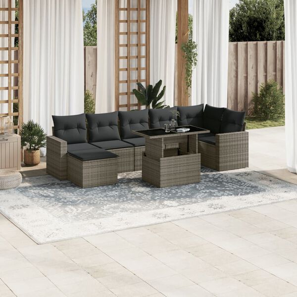 vidaXL 8-delige Loungeset met kussens poly rattan grijs