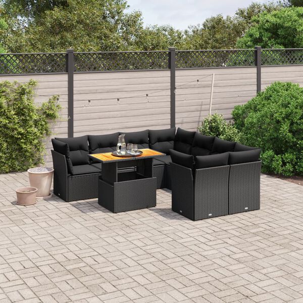 vidaXL 9-delige Loungeset met kussens poly rattan zwart