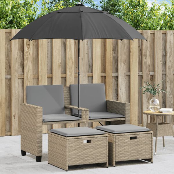 vidaXL Tuinbank 2-zits met parasol en voetenbanken poly rattan beige