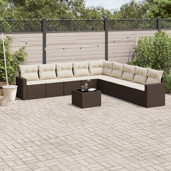 vidaXL 10-delige Loungeset met kussens poly rattan bruin