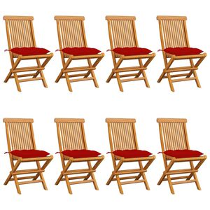 vidaXL Opklapbare stoelen met rode kussens, 8 stuks, massief teakhout