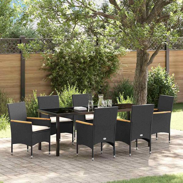 vidaXL Tuin eettafelset met kussen 7 pcs Zwart poly rattan