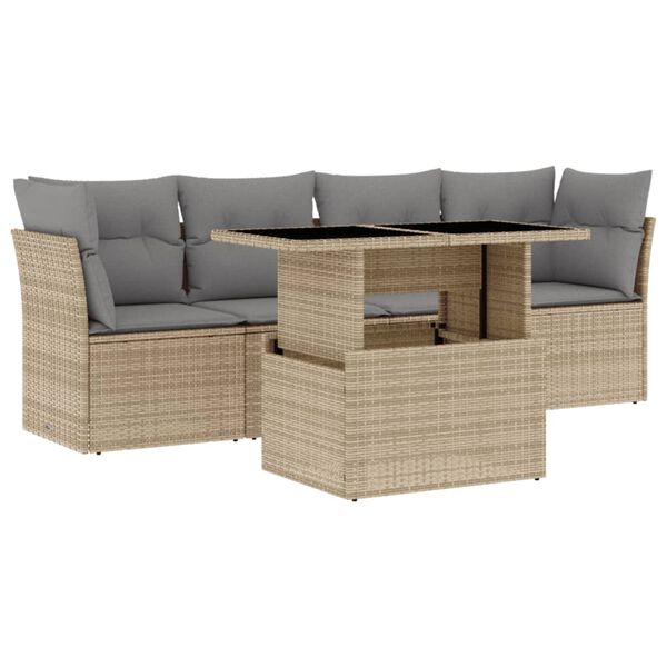 vidaXL 5-delige Loungeset met kussens poly rattan beige