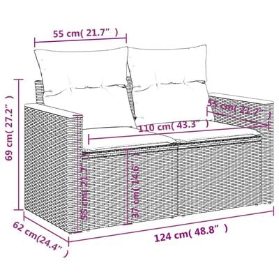 vidaXL Tuinbank 2-zits met kussens poly rattan grijs