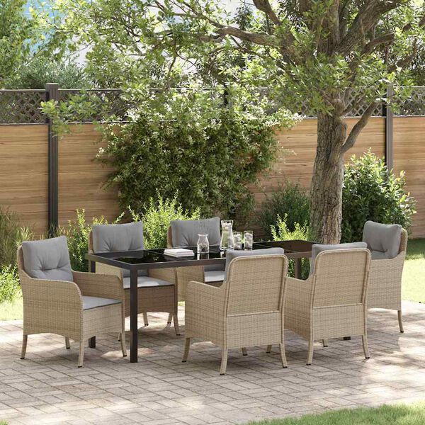 vidaXL Tuin eettafelset met kussen 7 pcs Beige poly rattan