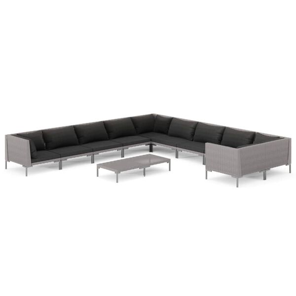 vidaXL 11-delige Loungeset met kussens poly rattan donkergrijs