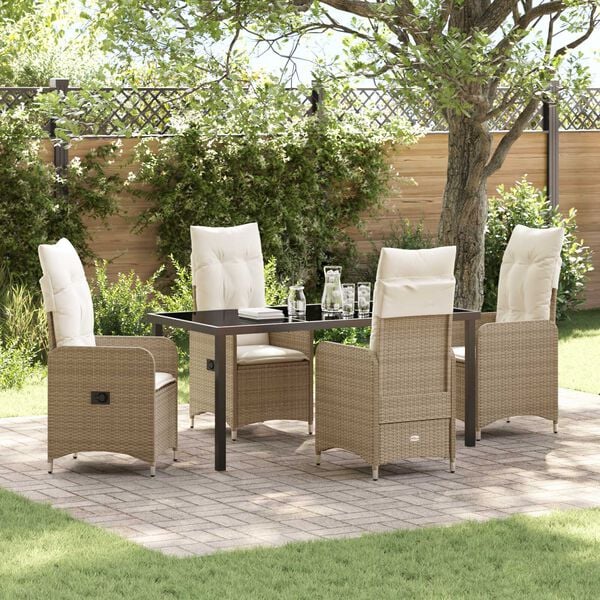 vidaXL Tuin eettafelset met kussen 5 pcs Beige poly rattan