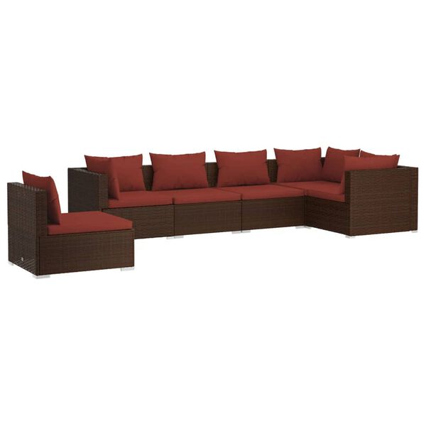 vidaXL 6-delige Loungeset met kussens poly rattan bruin