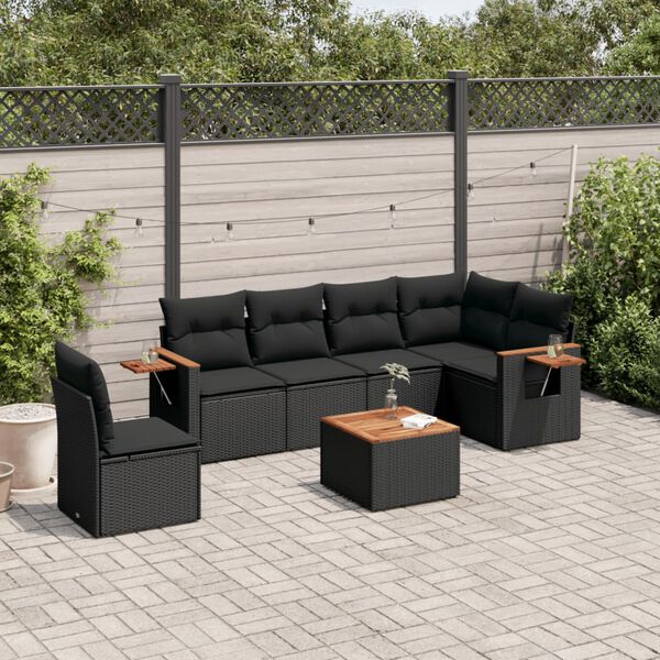 vidaXL 7-delige Loungeset met kussens poly rattan zwart