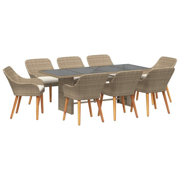 vidaXL Tuin eettafelset met kussen 9 pcs Beige poly rattan