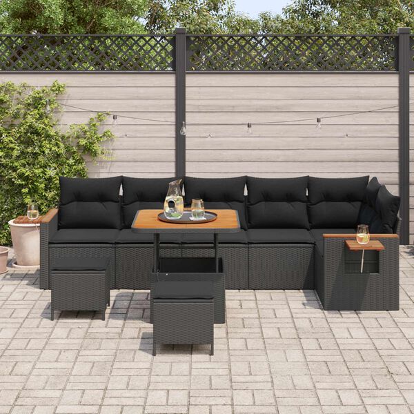 vidaXL Tuinbankenset 9 pcs Zwart Poly rattan en gepoedercoat staal