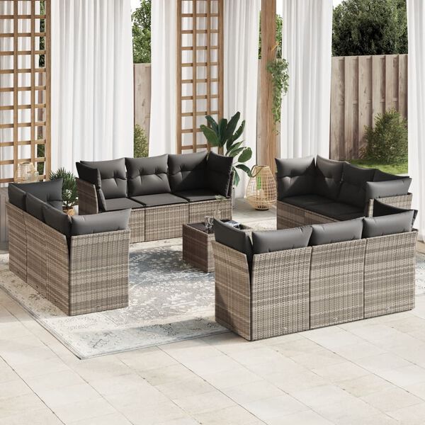 vidaXL 13-delige Loungeset met kussens poly rattan lichtgrijs