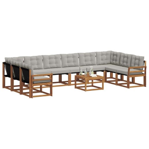 vidaXL Buiten bankenset met kussen 11 pcs Natuurlijk en Lichtgrijs