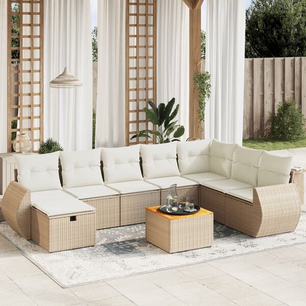 vidaXL 9-delige Loungeset met kussens poly rattan beige