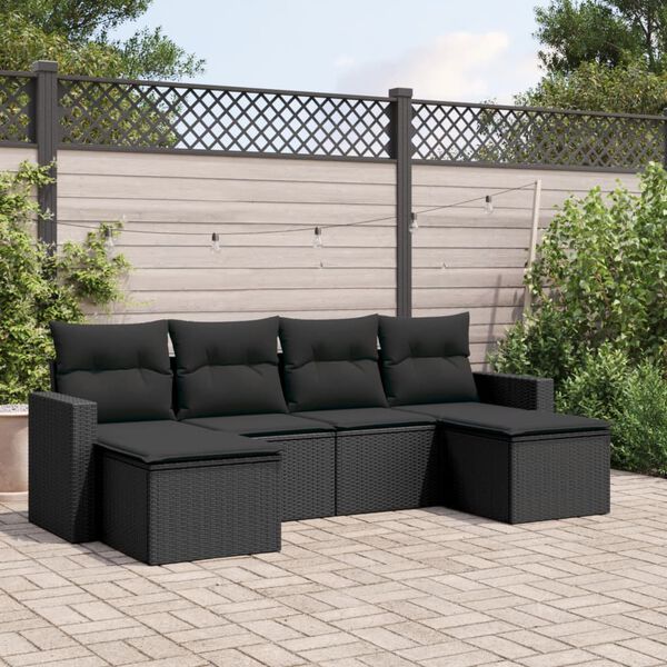 vidaXL 6-delige Loungeset met kussens poly rattan zwart