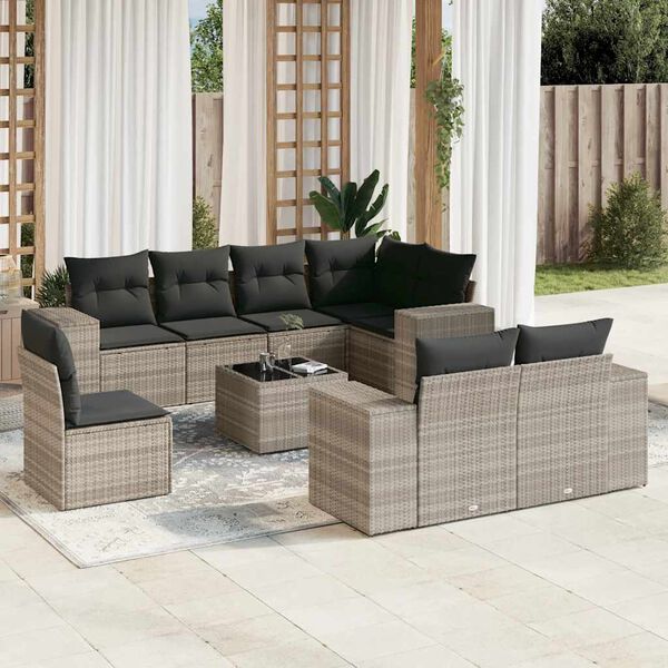 vidaXL 9-delige Loungeset met kussens poly rattan lichtgrijs