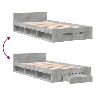 vidaXL Bedframe met lade bewerkt hout betongrijs 75x190 cm