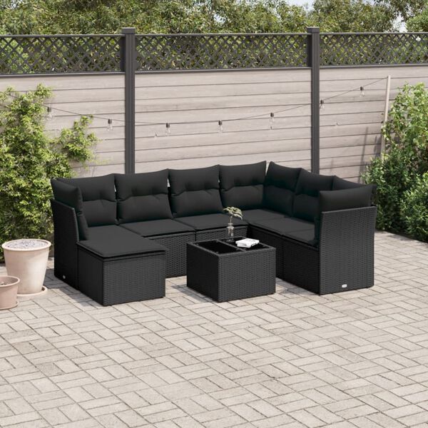vidaXL 8-delige Loungeset met kussens poly rattan zwart