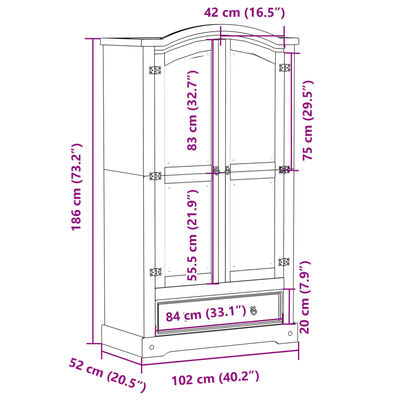 vidaXL Kledingkast Corona wit 102x52x186 cm massief grenenhout