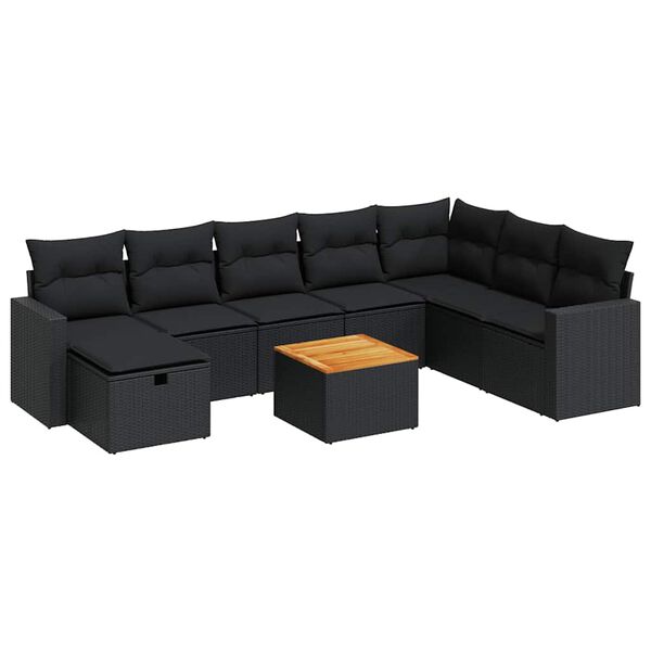 vidaXL 9-delige Loungeset met kussens poly rattan zwart