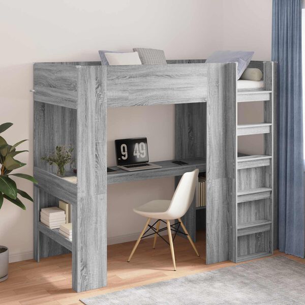 vidaXL Loft Bedframe met Bureau Grijs Sonoma 100 x 200 cm Bewerkt hout