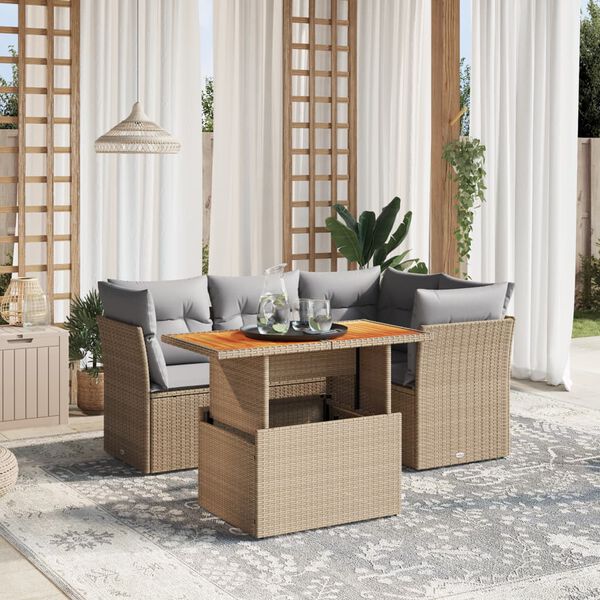 vidaXL 5-delige Loungeset met kussens poly rattan beige