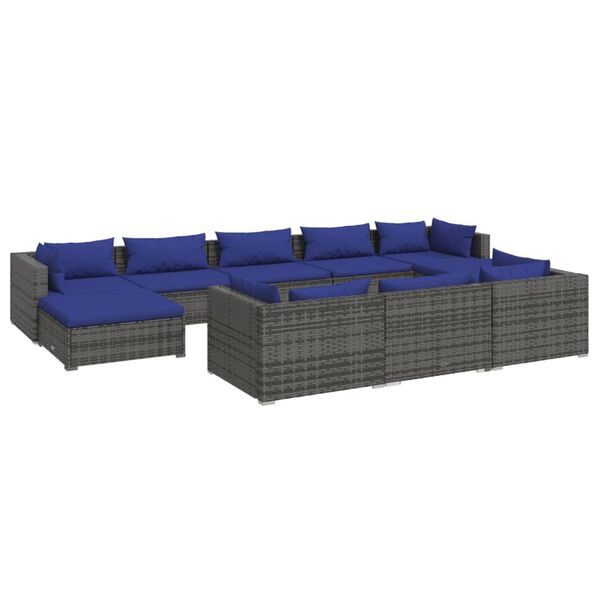 vidaXL 10-delige Loungeset met kussens poly rattan grijs