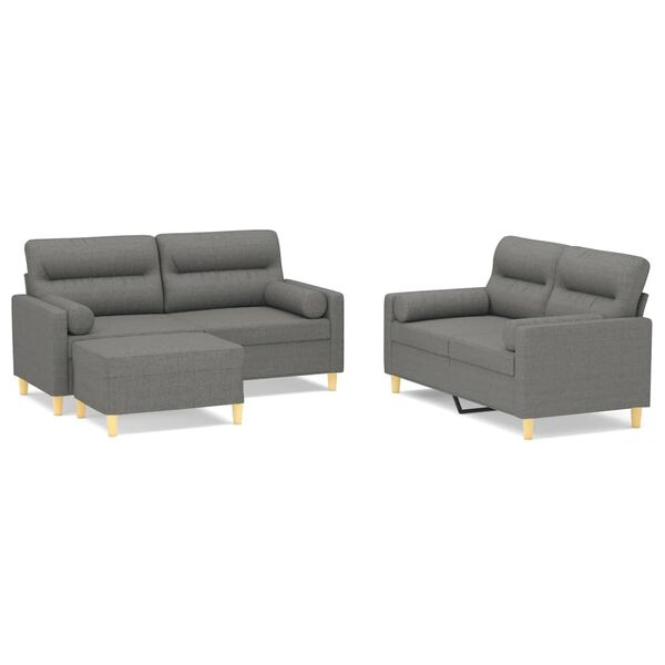 vidaXL 3-delige Loungeset met sierkussens en kussens stof donkergrijs