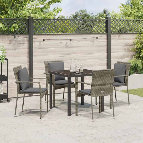 vidaXL Tuin eettafelset met kussen 5 pcs Grijs poly rattan