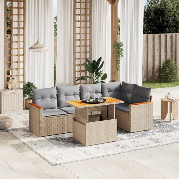 vidaXL 6-delige Loungeset met kussens poly rattan beige