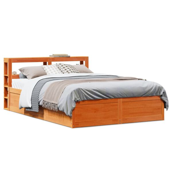 vidaXL Bedframe met hoofdbord massief grenenhout wasbruin 135x190 cm