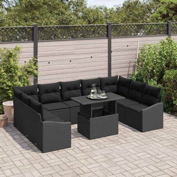 vidaXL Bankstel met kussen 10 pcs Zwart poly rattan