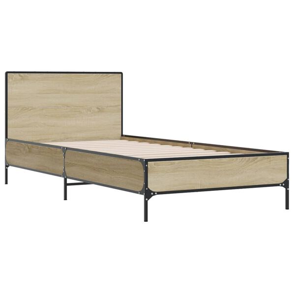 vidaXL Bedframe bewerkt hout en metaal sonoma eikenkleurig 90x200 cm