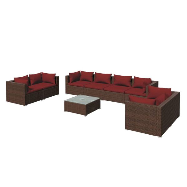 vidaXL 9-delige Loungeset met kussens poly rattan bruin