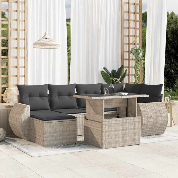 vidaXL 7-delige Loungeset met kussens poly rattan lichtgrijs
