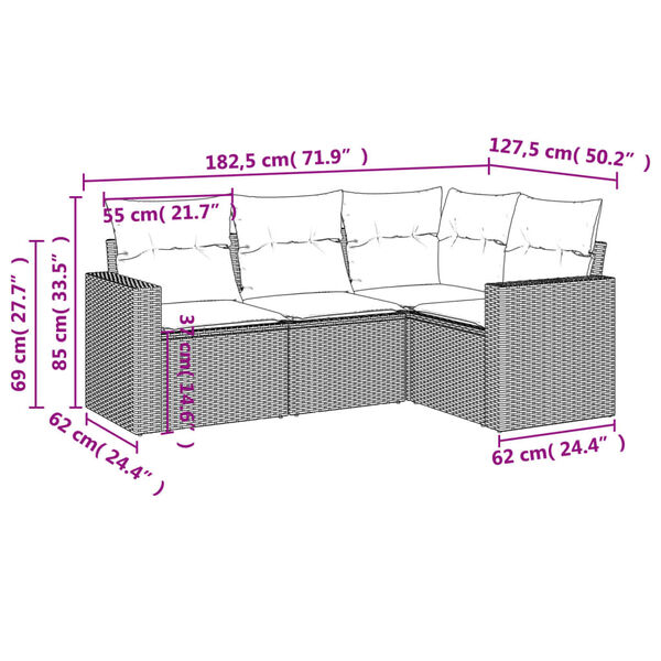 vidaXL 4-delige Loungeset met kussens poly rattan beige
