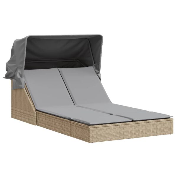 vidaXL Ligbed 2-persoons met luifel en kussens poly rattan beige