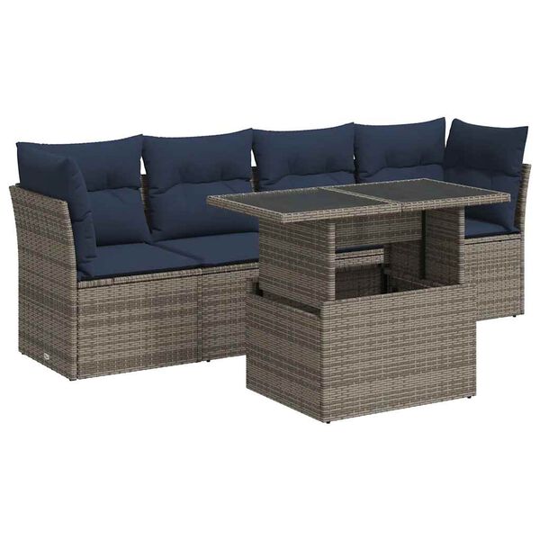 vidaXL 5-delige Loungeset met kussens poly rattan acacia grijs