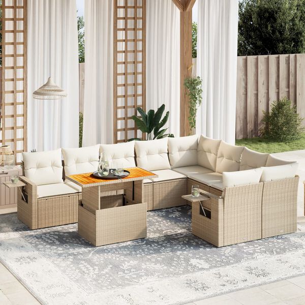 vidaXL 10-delige Loungeset met kussens poly rattan beige