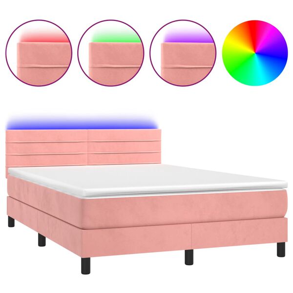 vidaXL Boxspring met matras en LED fluweel roze 140x200 cm