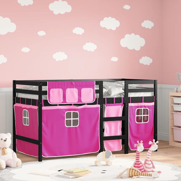 vidaXL Kinderhoogslaper met gordijnen 90x200 cm grenenhout roze