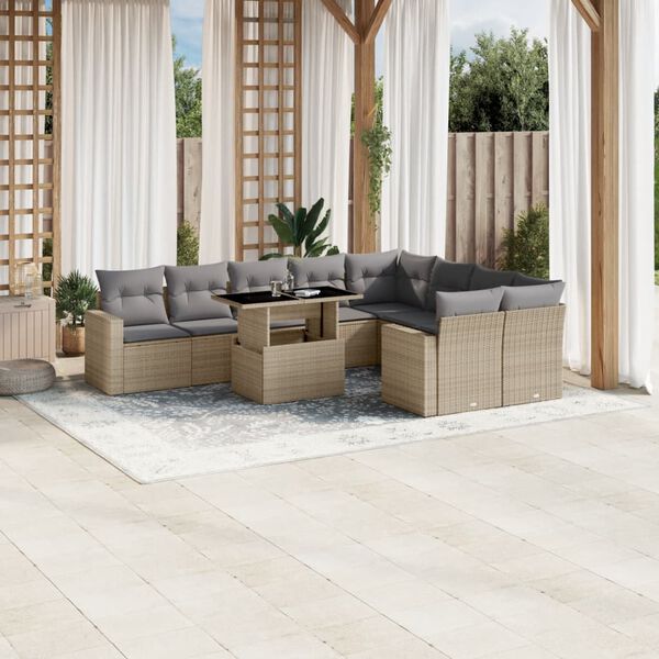 vidaXL 10-delige Loungeset met kussens poly rattan beige