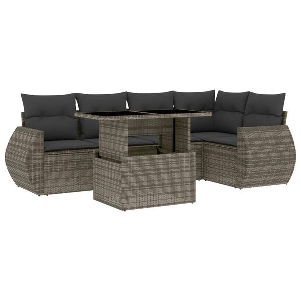 vidaXL 6-delige Loungeset met kussens poly rattan grijs