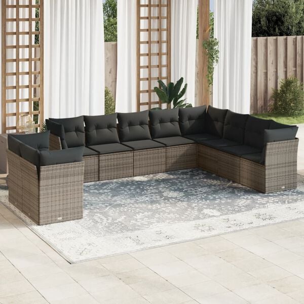 vidaXL 10-delige Loungeset met kussens poly rattan grijs