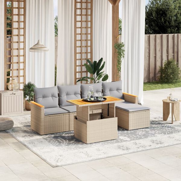 vidaXL 6-delige Loungeset met kussens poly rattan beige